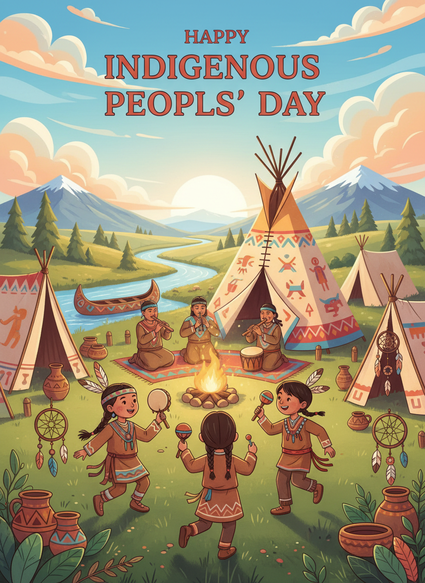 Indigenous Peoples' Day adventure coloring book cover, full-color storybook-style illustration with a playful indigenous peoples' day scene, dynamic composition, bold vibrant colors, title-safe area at top.