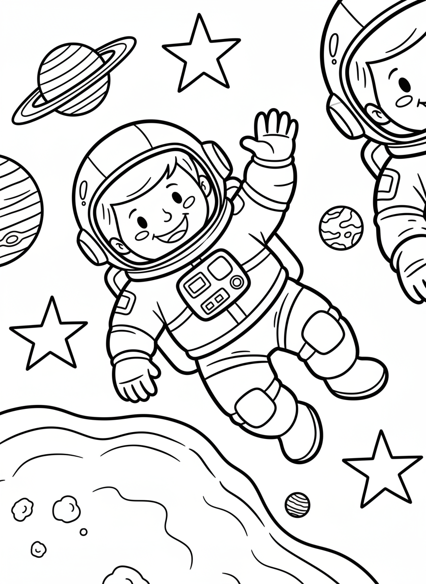 A friendly astronaut floating in space, waving at the viewer, with stars and planets in the background, simple line art for young children