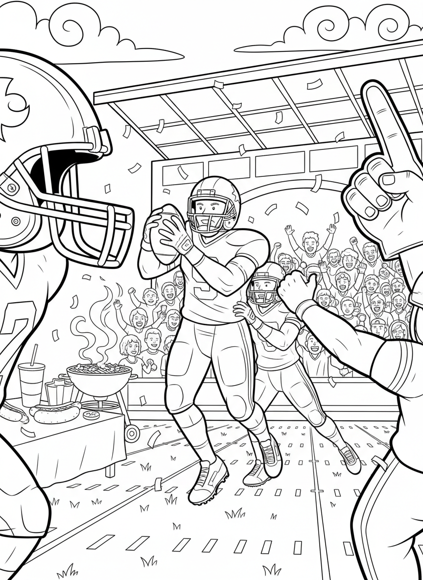 NFL Kickoff coloring page prompts capturing the start of football season, anticipation, tailgates, and opening-week excitement.	A close play early in the game, setting the tone for the season ahead.