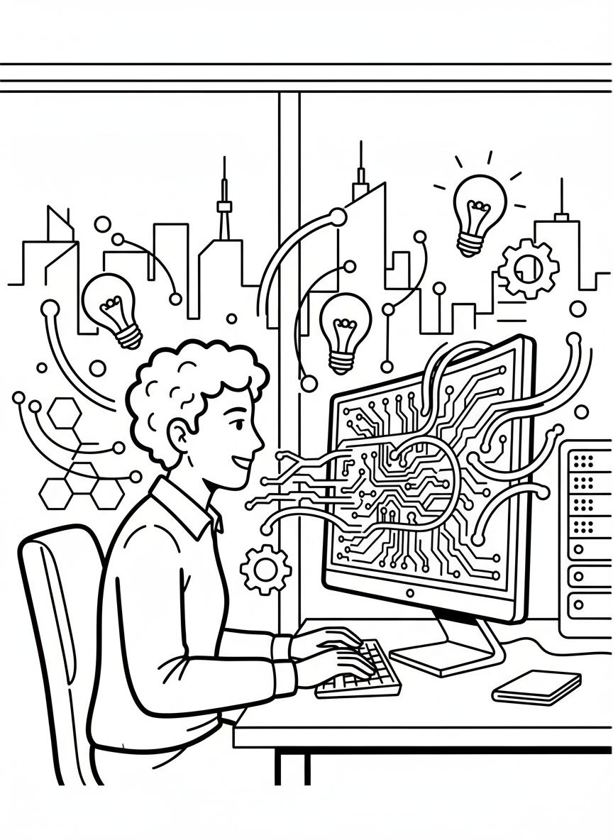 A smiling tech worker at a computer with circuit board patterns and lightbulb ideas floating around, innovation theme