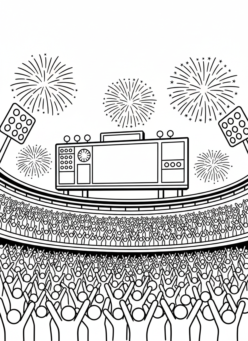 A scoreboard showing the final moments of the game with fireworks bursting above the stadium, exciting finish.