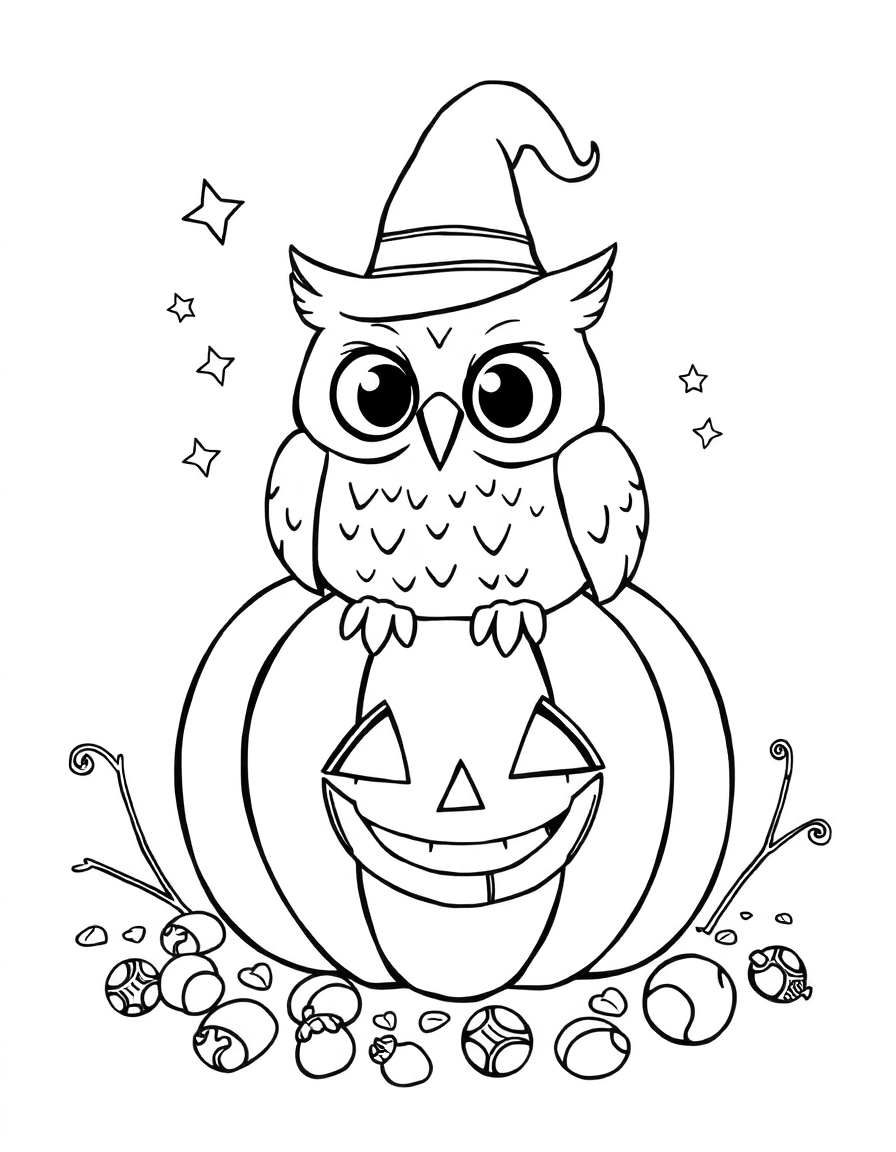 An owl wearing a pointed hat sits proudly on a carved pumpkin. Stars twinkle behind it, and scattered candy and acorns fill the ground.