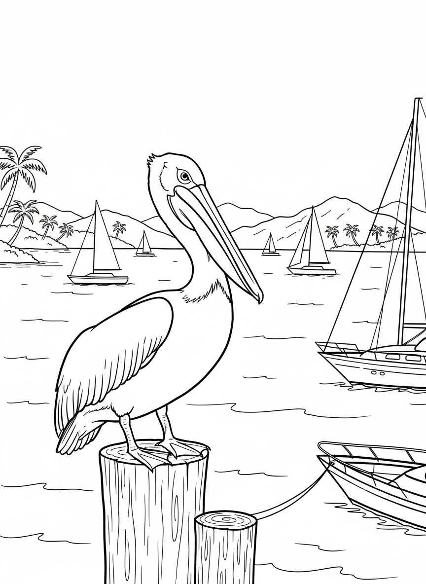 A pelican standing on a wooden dock post, with sailboats in the harbor and tropical islands visible in the distance.