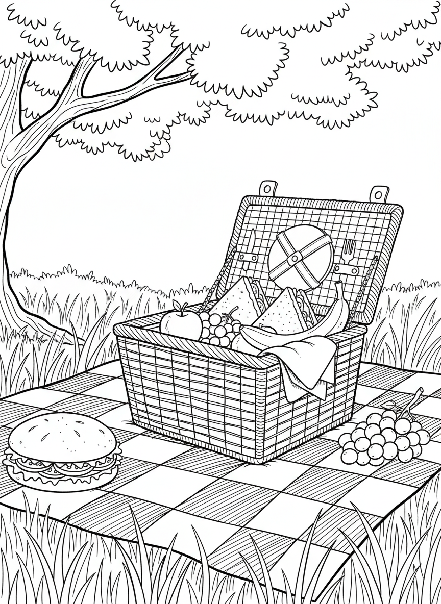 A picnic basket opened to reveal sandwiches, fruit, and napkins sitting on a blanket in the grass.