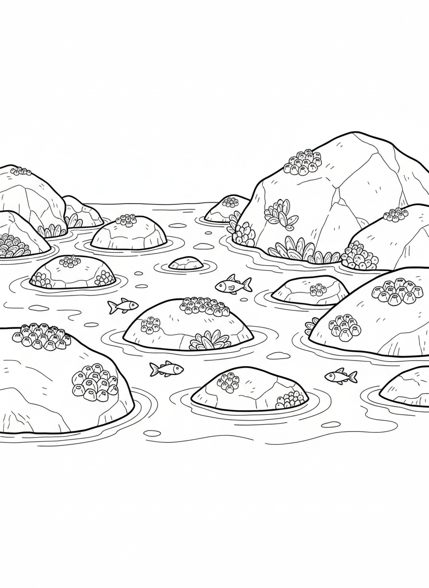 A wide tide pool scene with multiple rocks covered in barnacles and mussel beds, small fish swimming between them, complex composition