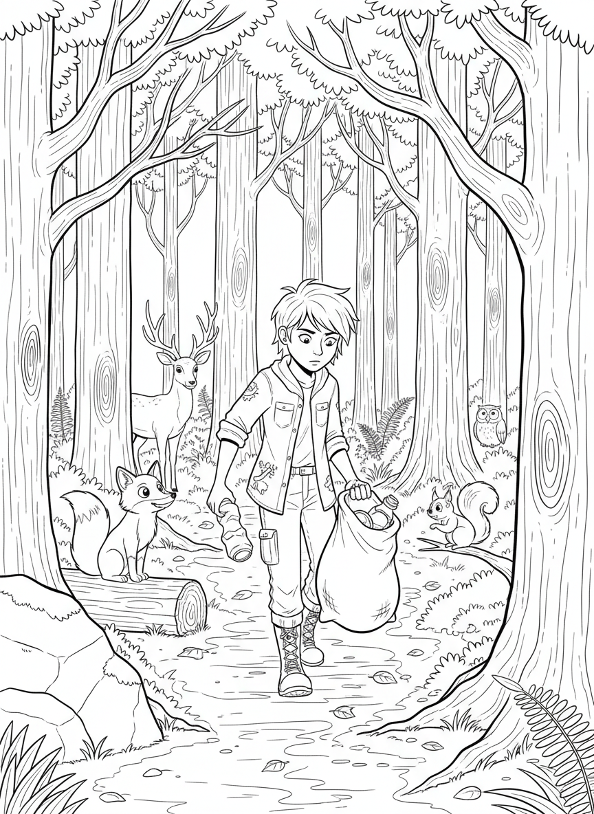 A young environmental hero walking through a forest picking up trash with a bag, surrounded by tall trees and woodland animals watching gratefully.