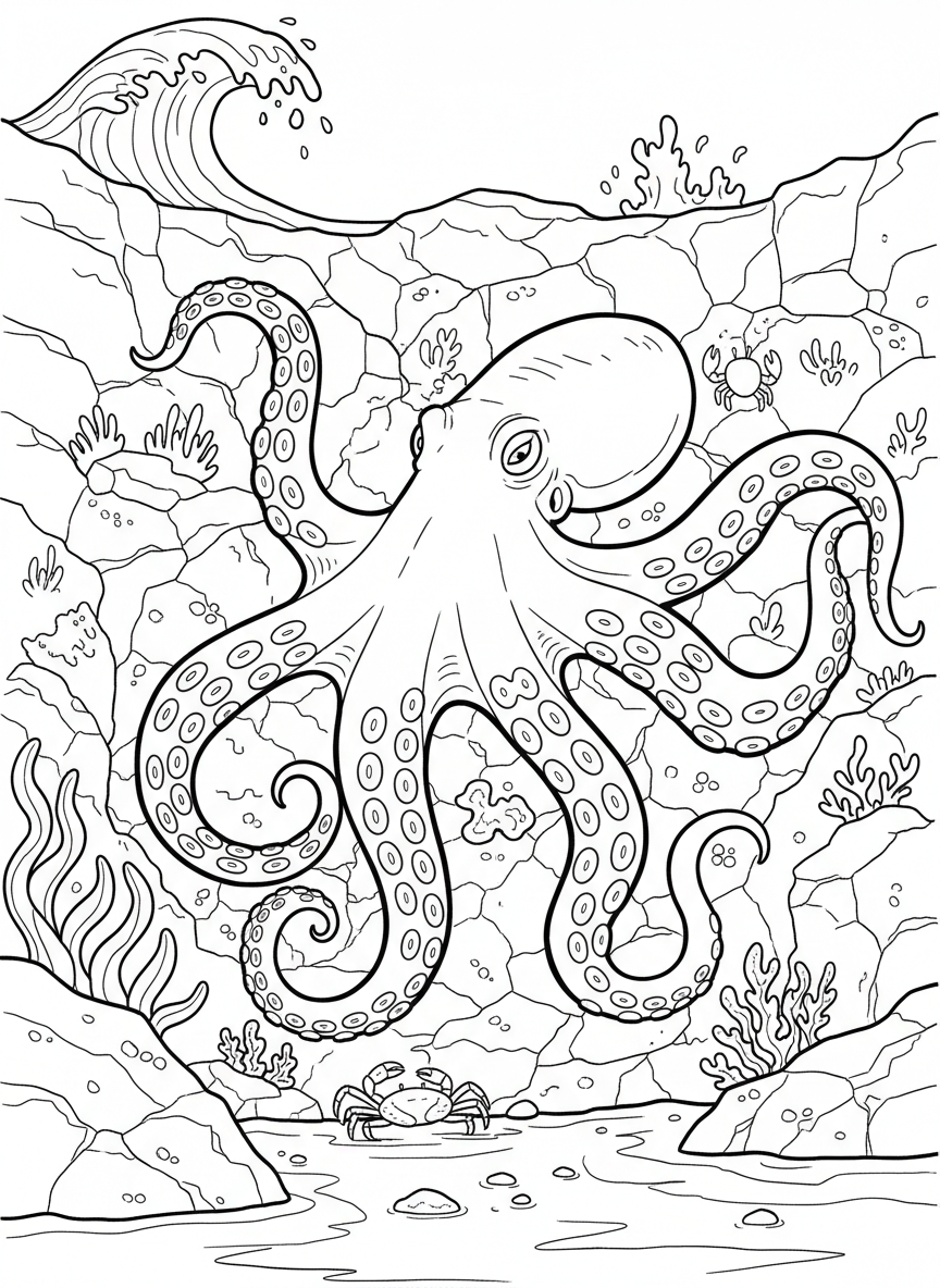 An octopus with suction cups visible on its tentacles, clinging to a tide pool wall covered in algae and small creatures