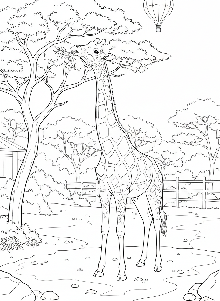 A majestic giraffe stretching its long neck to eat leaves from a tall tree at the San Diego Zoo Safari Park