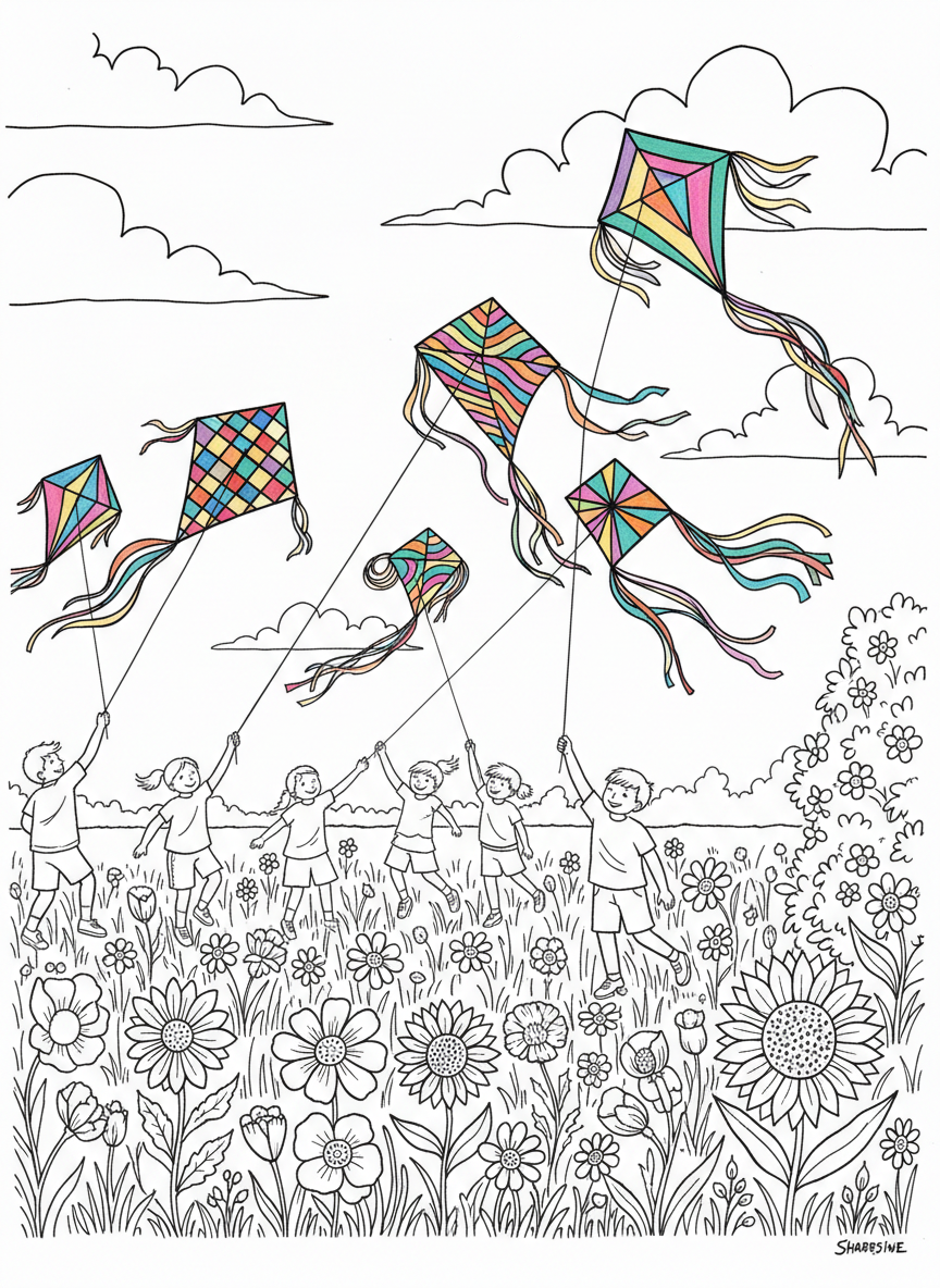 Children flying colorful kites in an open field with wildflowers and puffy clouds in the sky.