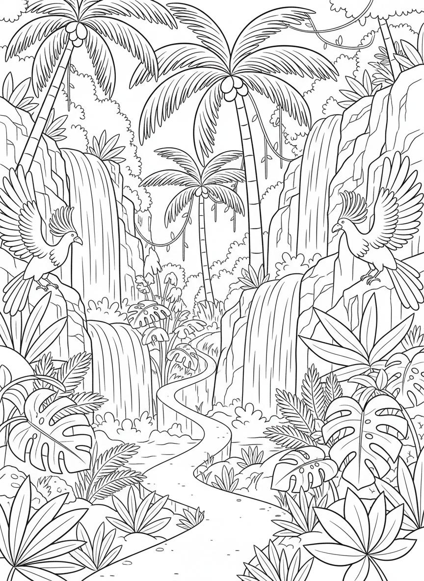 A jungle trail winding through a tropical island filled with waterfalls, exotic birds, and dense green plants.