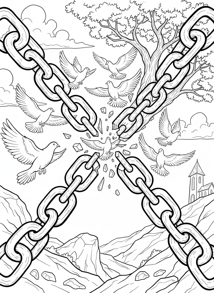 Linked chain breaking apart in the center with doves flying through the break, symbolizing freedom and liberation