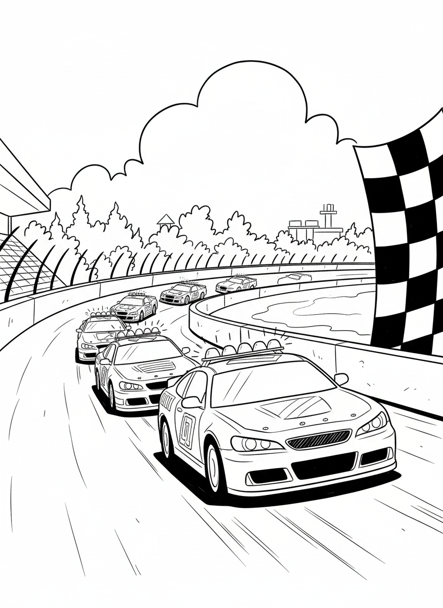 The pace car leading a line of race cars around the track during a caution lap, with safety lights on top.