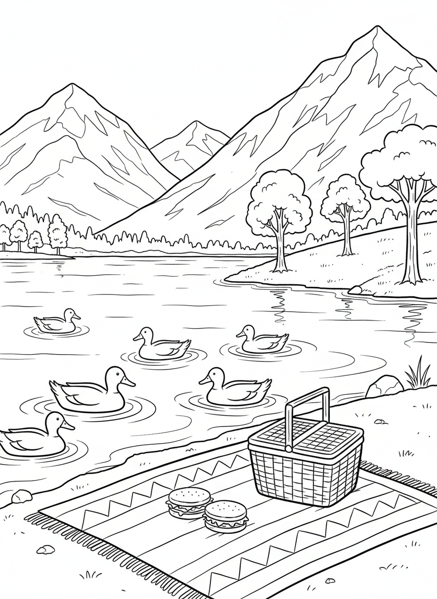 A scenic lakeside picnic with a blanket on the shore, ducks swimming in the water, and mountains in the distance.