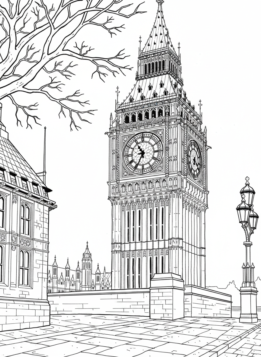 Big Ben clock tower in London with decorative architectural details, showing the clock face and Gothic design elements in clean line art.