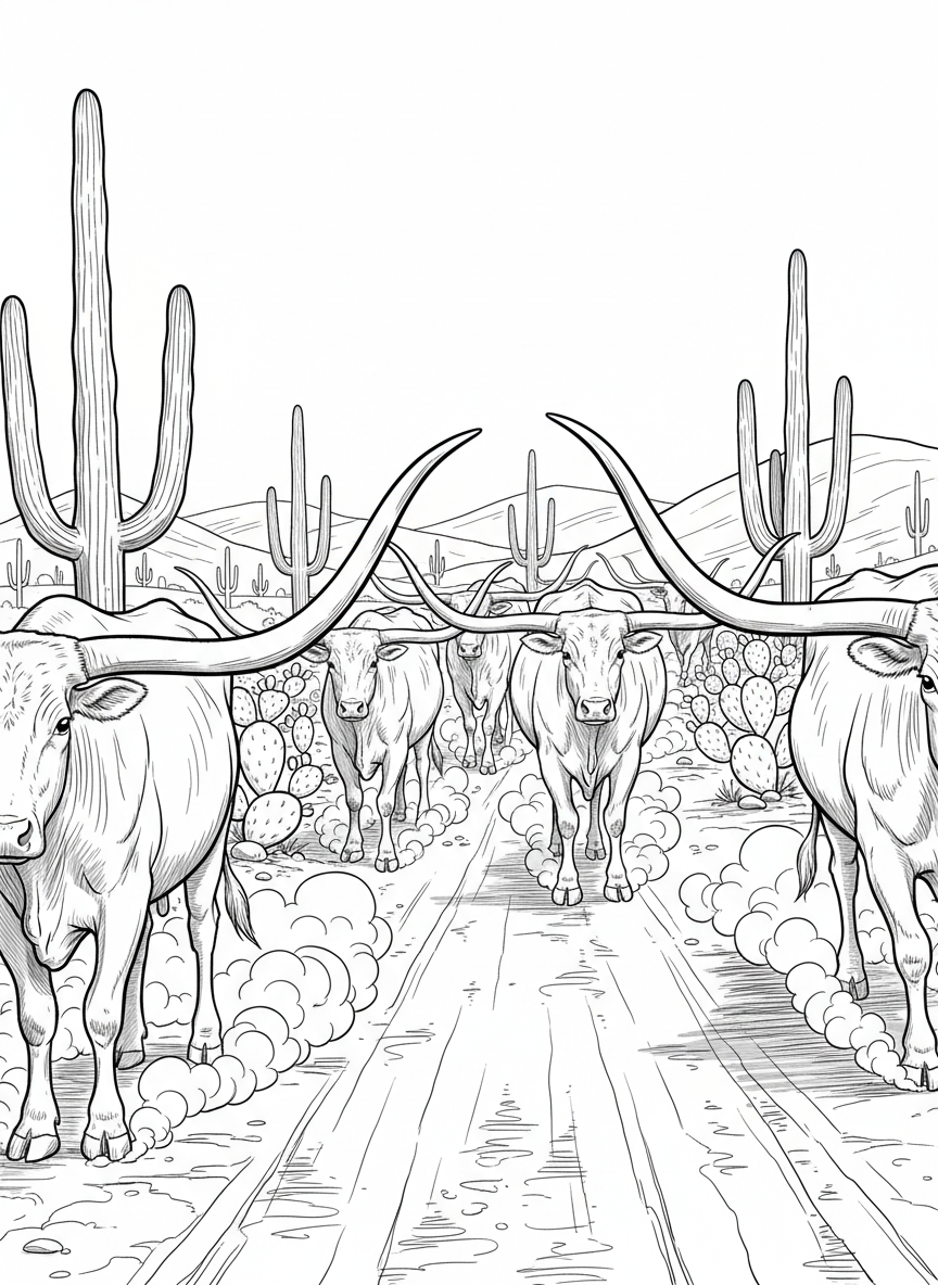 A herd of longhorn cattle walking down a dusty trail during a cattle drive, with cacti and rolling hills in the distance