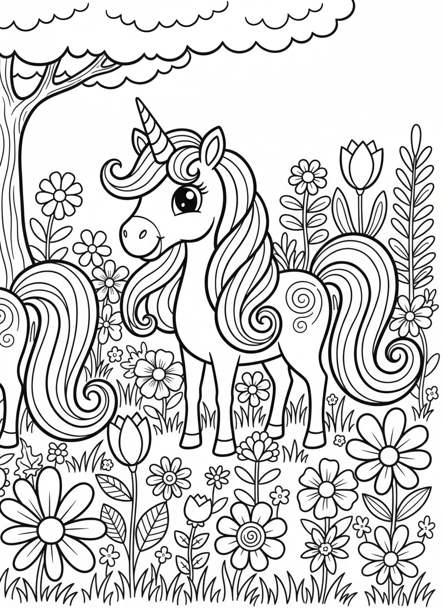 A cheerful unicorn standing in a meadow of flowers, with a long flowing mane and a spiral horn, simple line art for young children