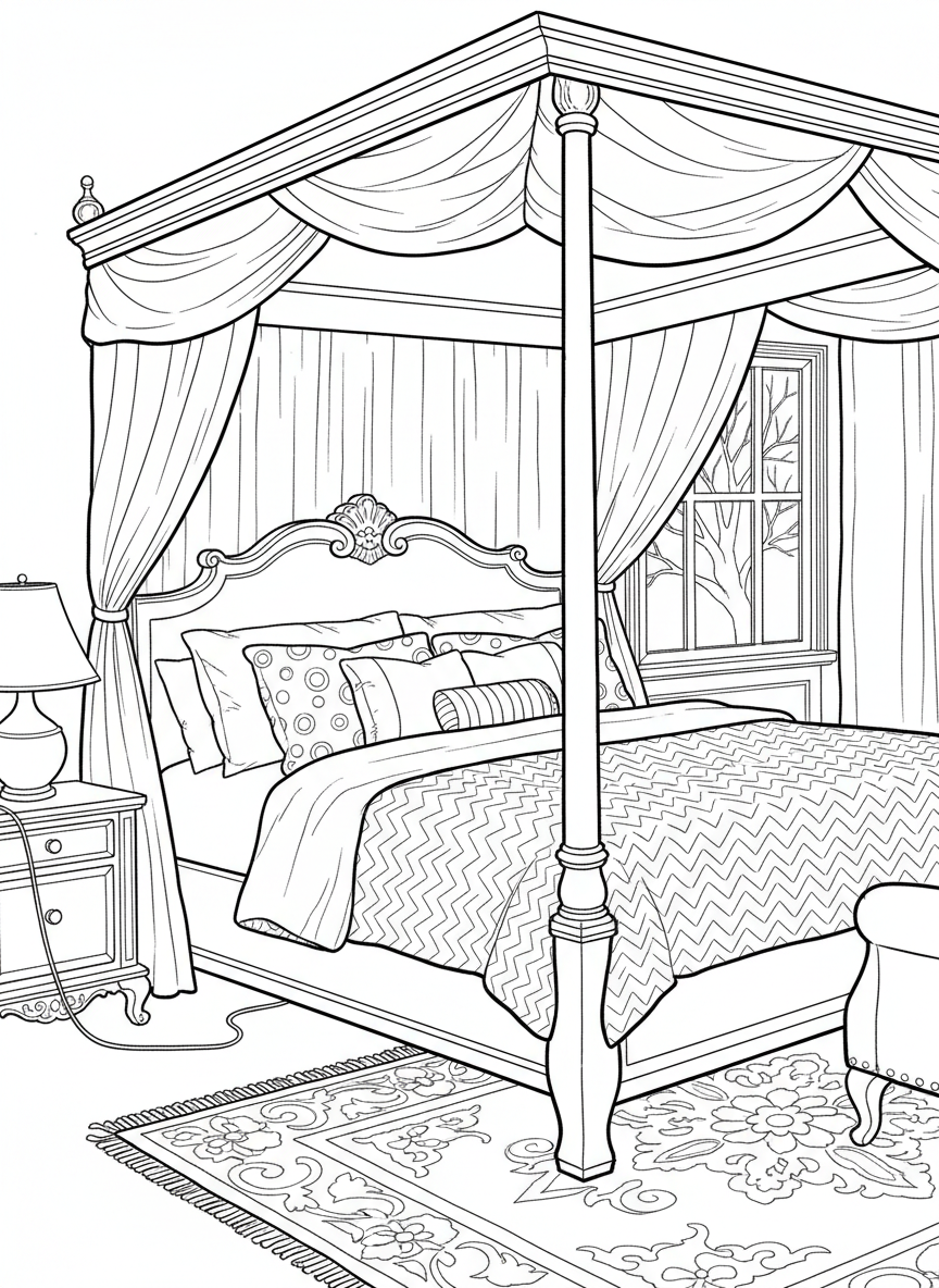 A detailed four-poster bed with a canopy draped overhead, decorative pillows arranged neatly, and a nightstand with a small lamp