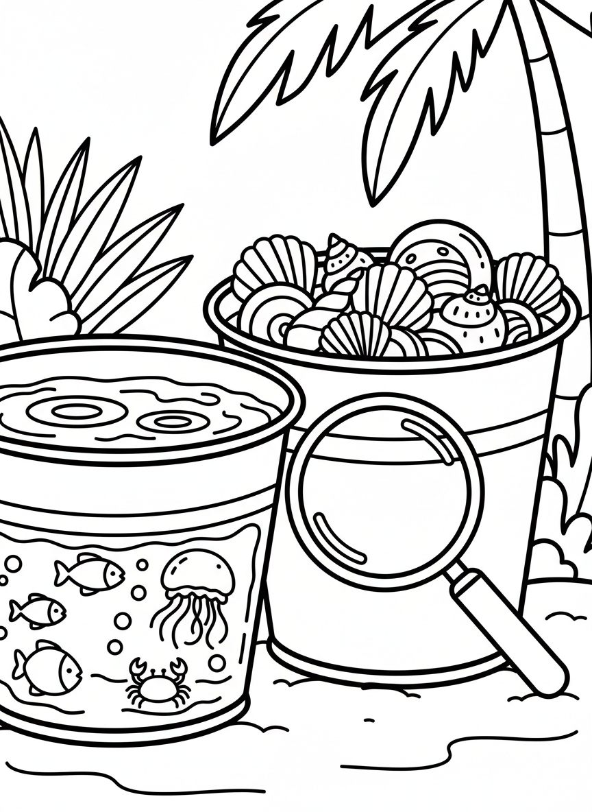 Two buckets side by side, one with water and swimming creatures, the other with dry shells and a magnifying glass propped against it.