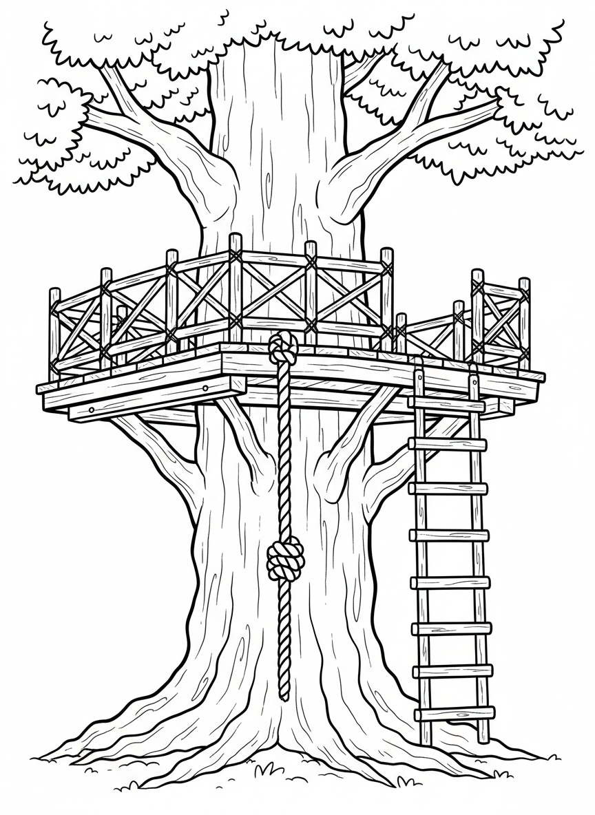 A sturdy treehouse platform with a vertical rope climb, horizontal ladder rungs, and a safety railing around the edges.