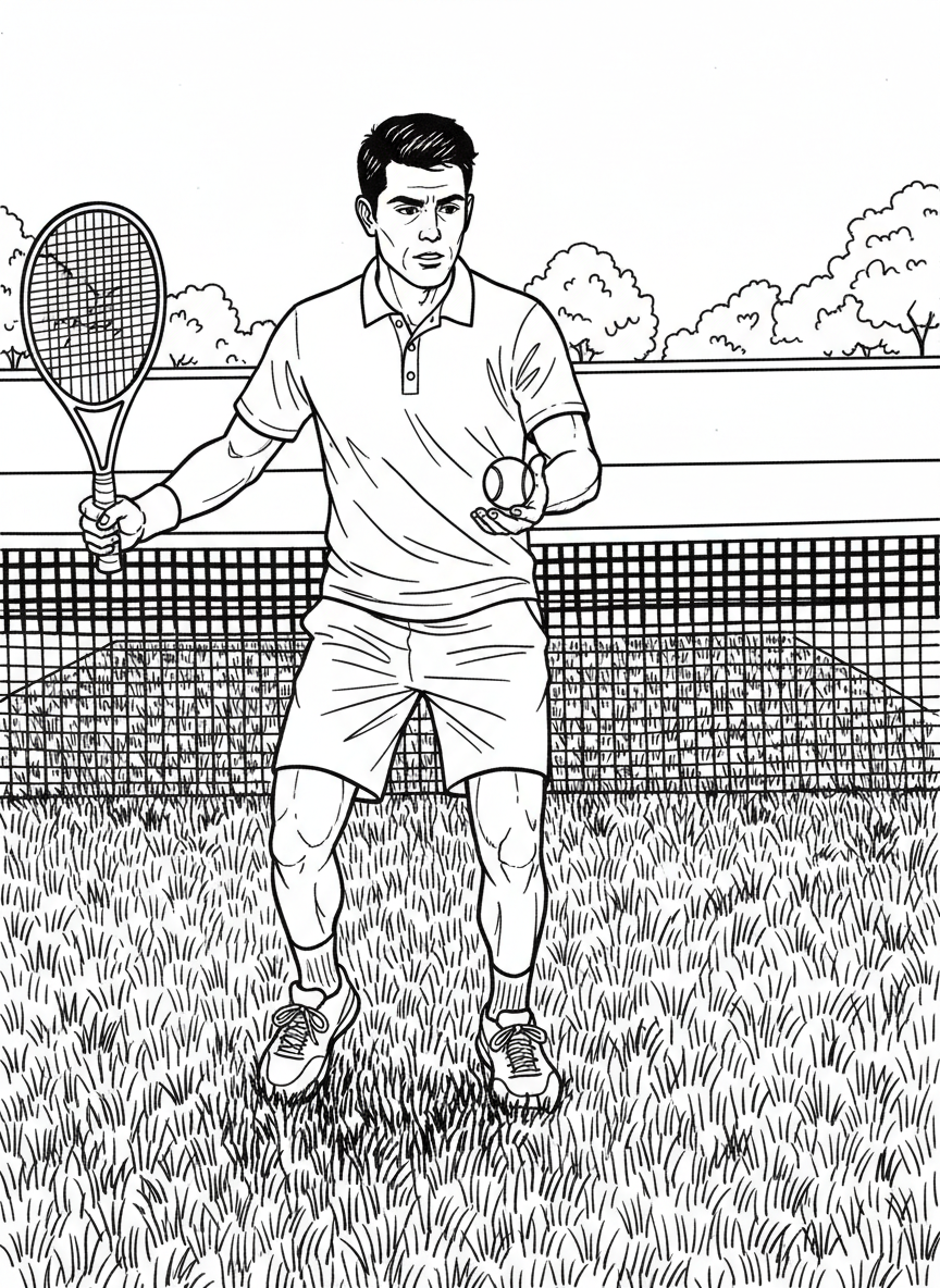 A tennis player bouncing the ball before serving, focused expression, with grass court texture visible.