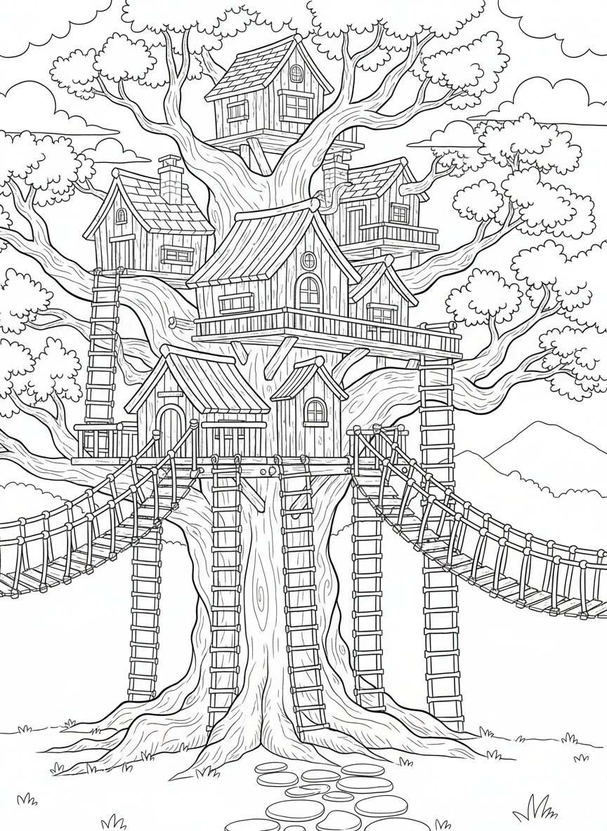 A treehouse with multiple rope ladders leading up from different angles, creating an adventurous climbing scene.