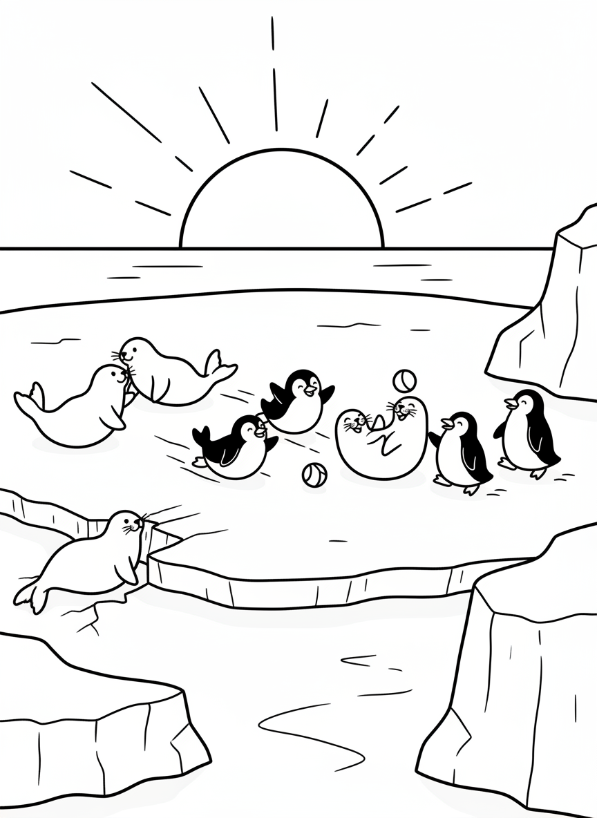A playful scene of penguins and seals sharing space on a large flat ice sheet under a simple sun.