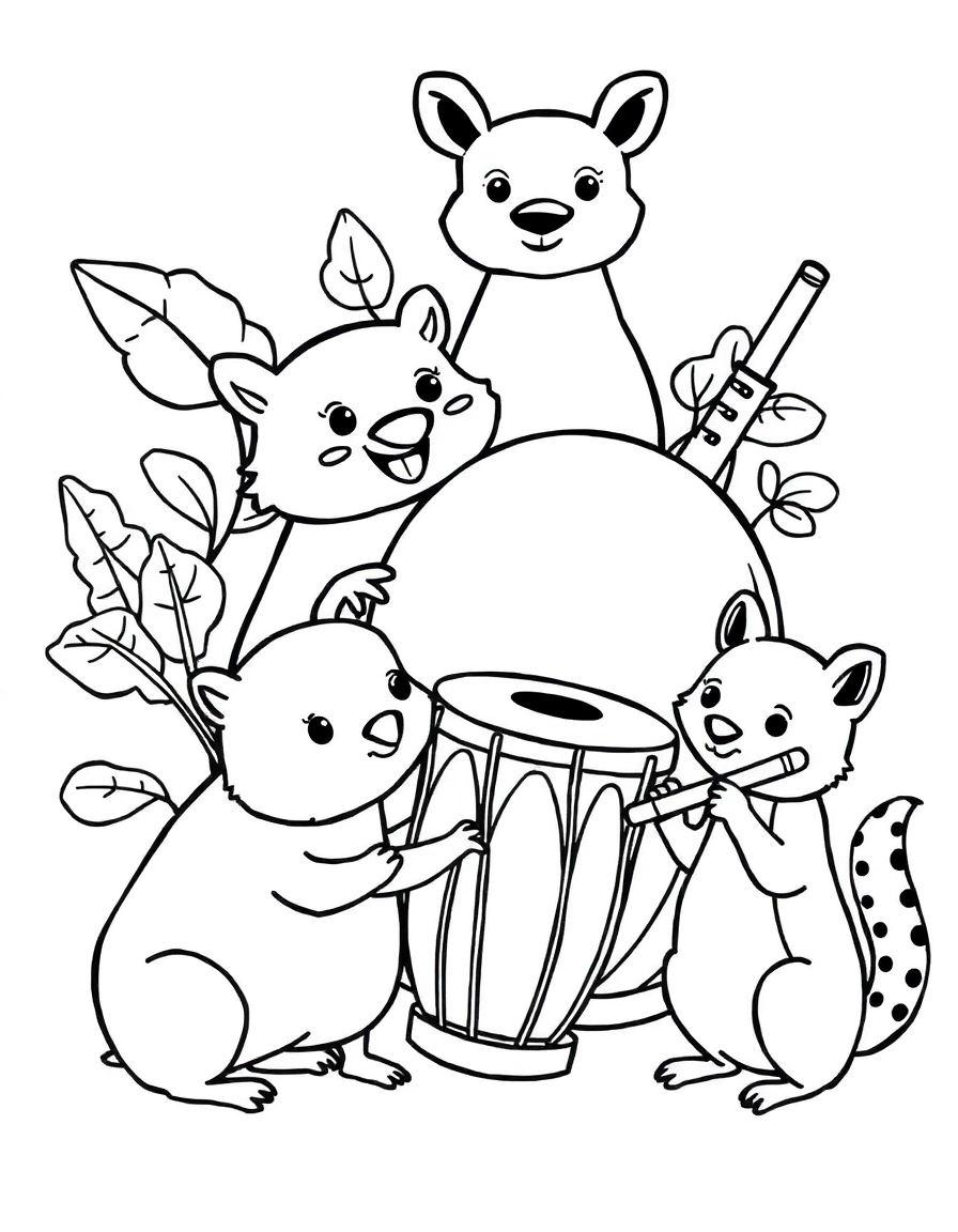 A collection of world music instruments arranged together, including a pair of maracas, a small bongo drum, and a pan flute. Some forest animals are getting ready to play them