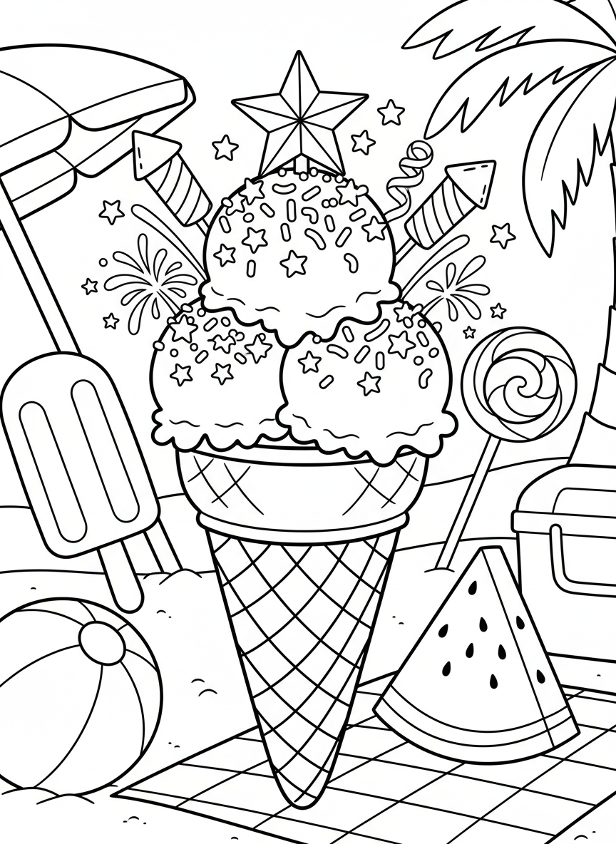 A patriotic themed ice cream cone with star-shaped sprinkles and decorative toppings, summer treat