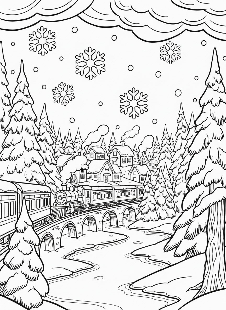 A train crossing through a snowy winter landscape, with snowflakes falling, evergreen trees covered in snow, and a cozy village in the distance.