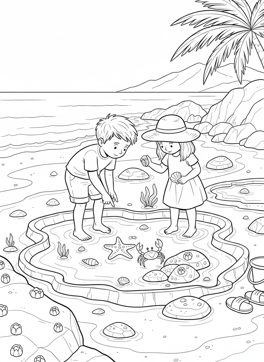 Children exploring tide pools at the beach, discovering starfish, crabs, and small shells