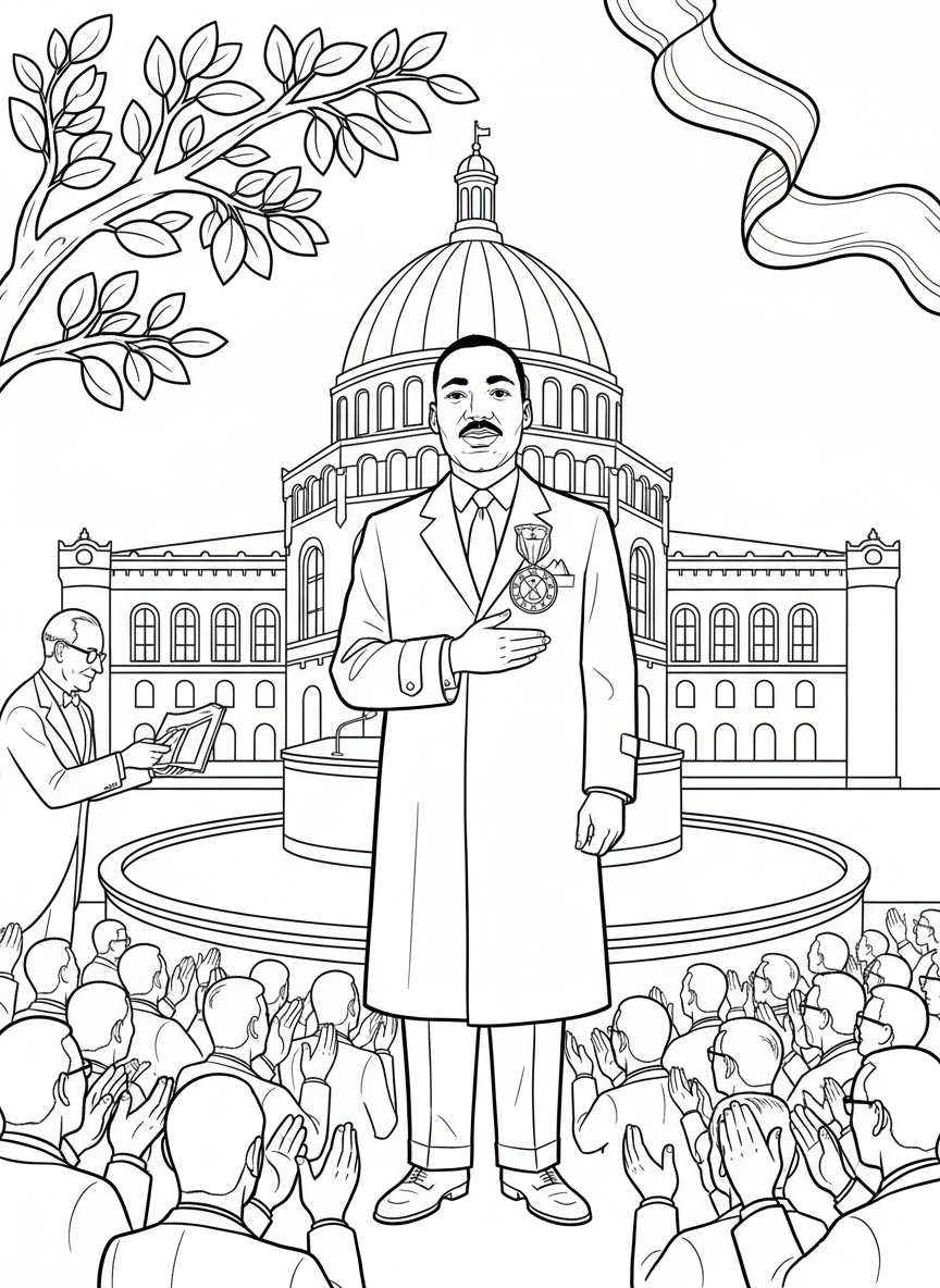 Martin Luther King Jr. receiving the Nobel Peace Prize medal, standing with dignity and pride