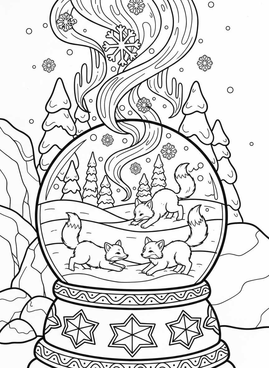 A snow globe featuring playful arctic fox kits tumbling in the snow, with northern lights patterns in the background and snowflakes all around.