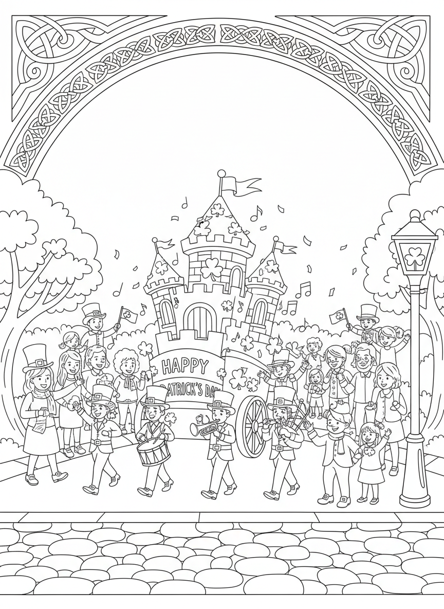 Saint Patrick Parade coloring page prompts featuring marching bands, festive floats, green costumes, and lively crowds.	Families gathered along the parade route, children perched on shoulders to catch a better view of the celebration.
