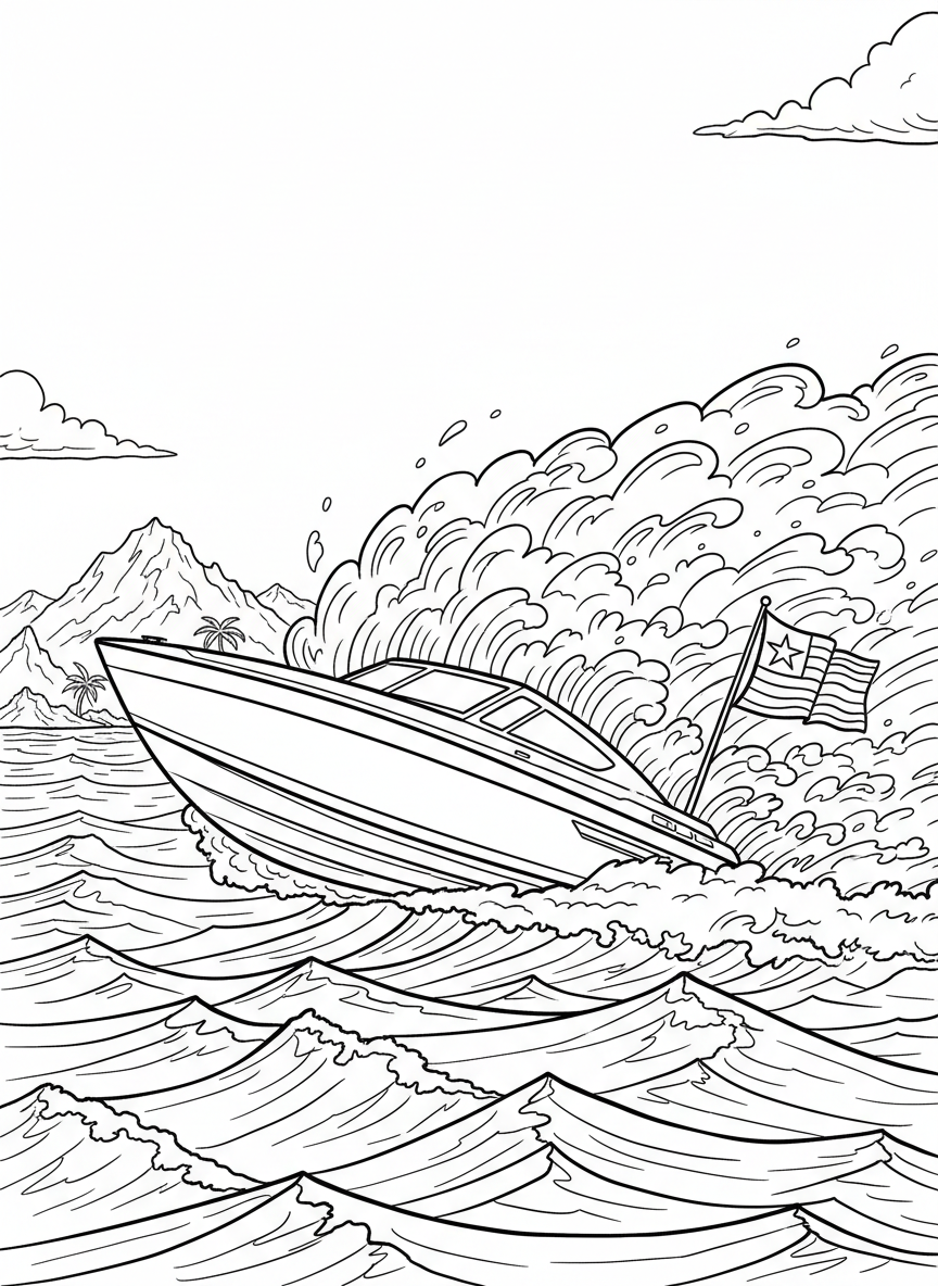 A speedboat racing across choppy waves, creating a big splash, with a flag waving from the back.