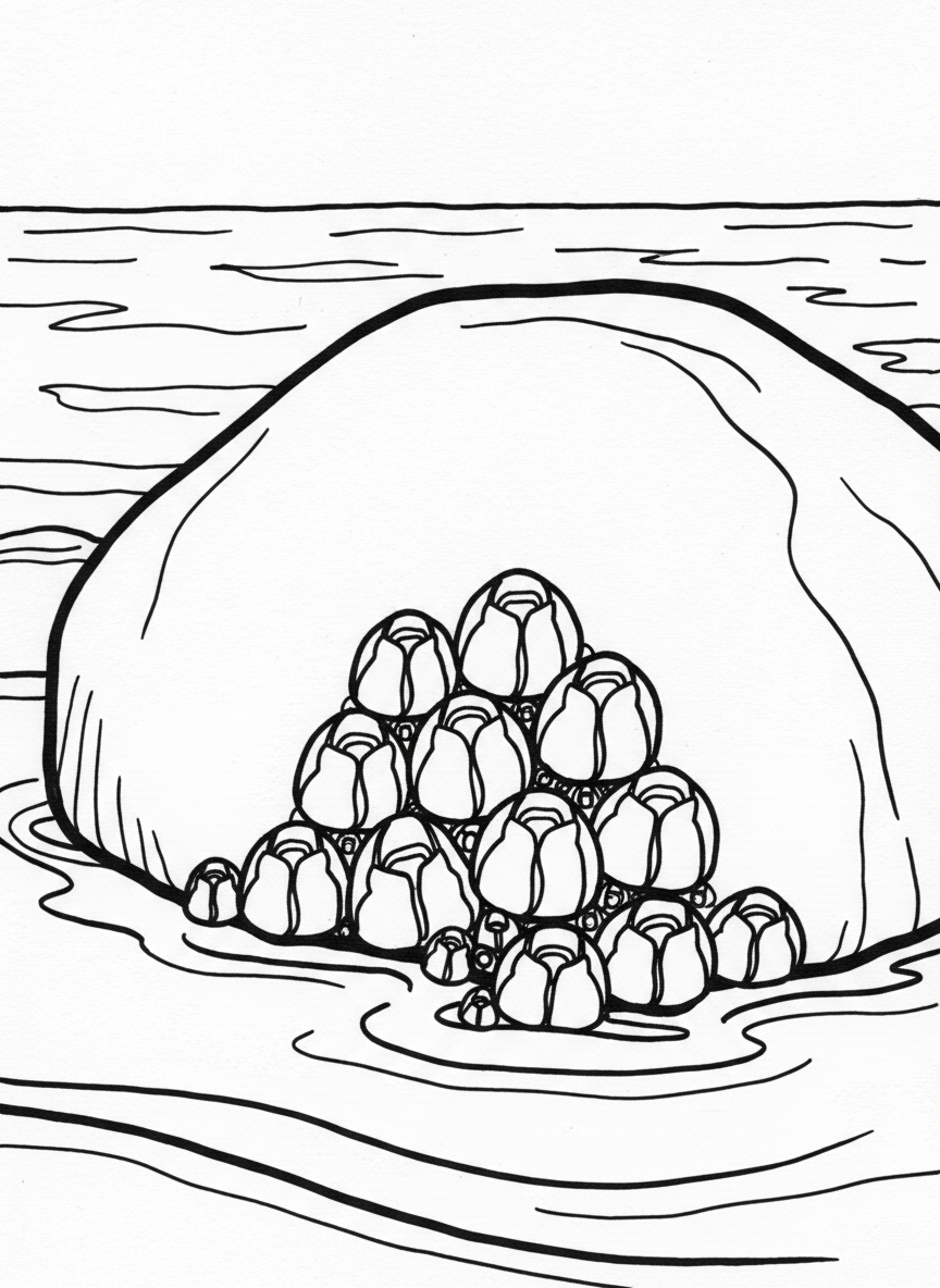 A cluster of cone-shaped barnacles attached to a large smooth rock, with simple wavy water lines around the base, easy shapes for young children