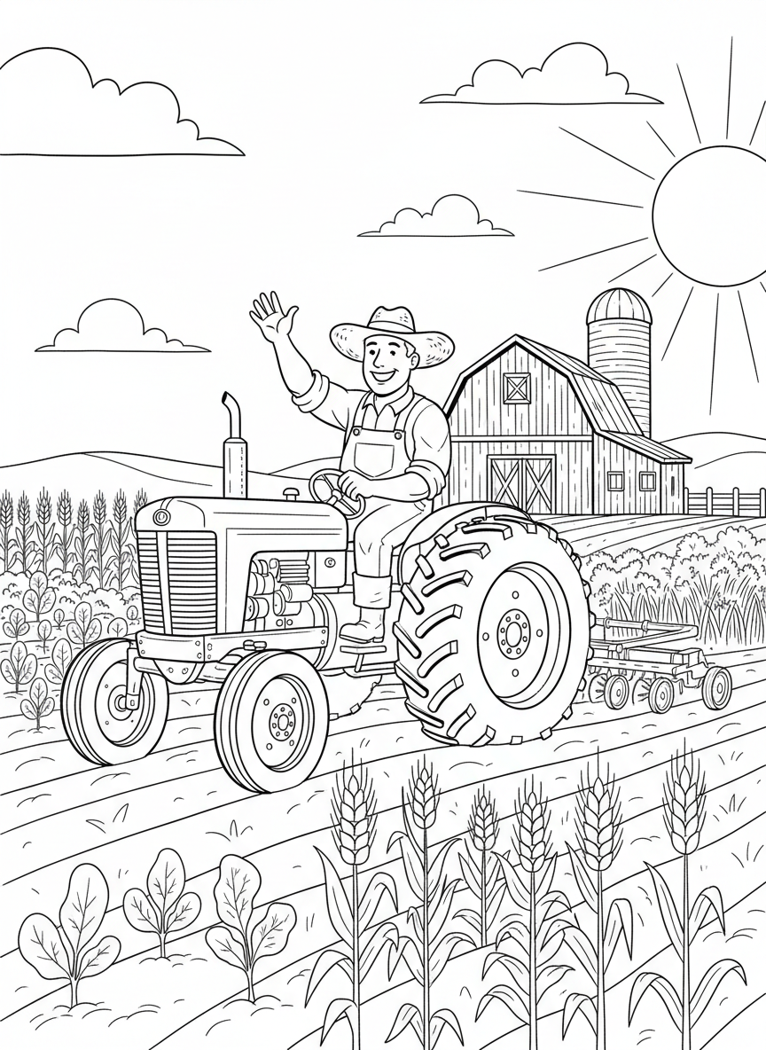 A farmer on a tractor in a field with crops and a barn in the background, celebrating agricultural workers.