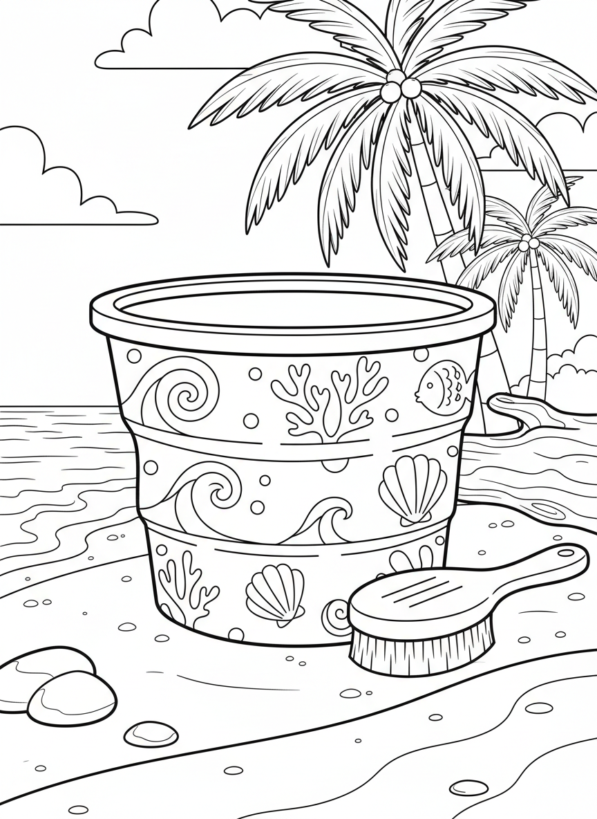A collapsible fabric bucket with ocean-themed prints, paired with a soft-bristle brush for gentle creature examination.