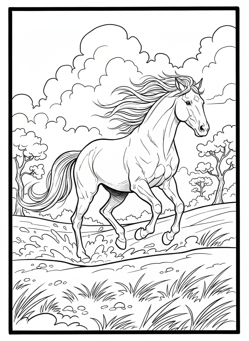 A majestic horse galloping freely across an open field with its mane flowing in the wind.
