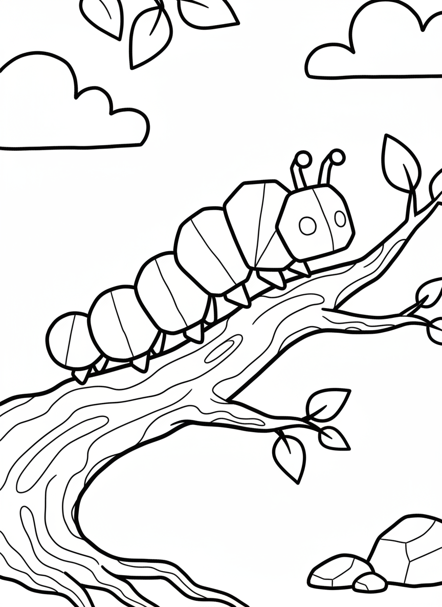 A cute origami caterpillar made of connected folded segments, simple rounded shapes, crawling on a branch