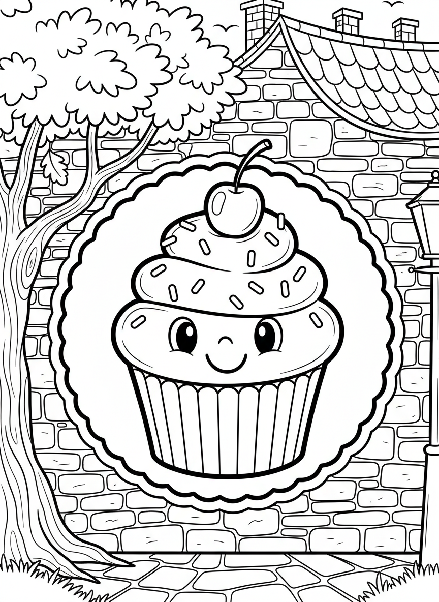 A scalloped-edge round sticker featuring a smiling cupcake with swirled frosting, sprinkles, and a cherry on top