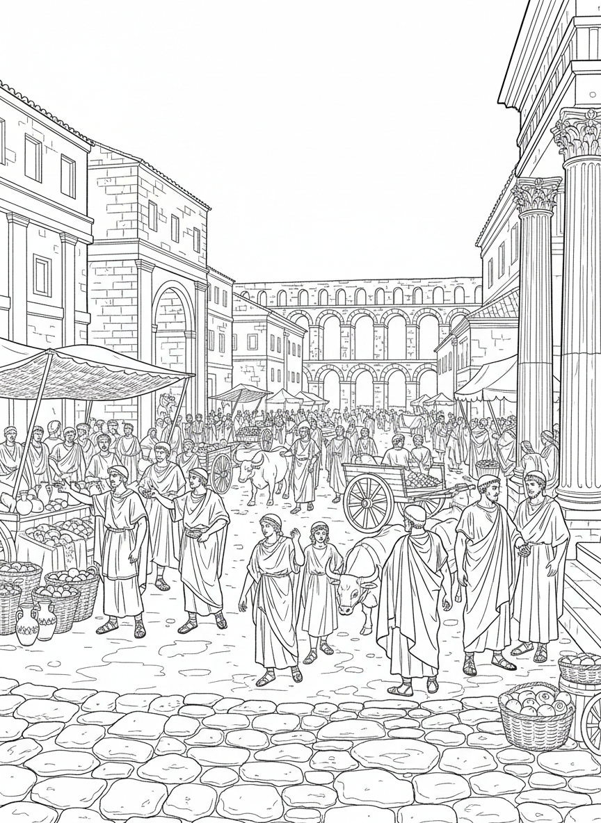A bustling Roman marketplace filled with merchants, carts, stone buildings, and citizens walking through wide cobblestone streets.