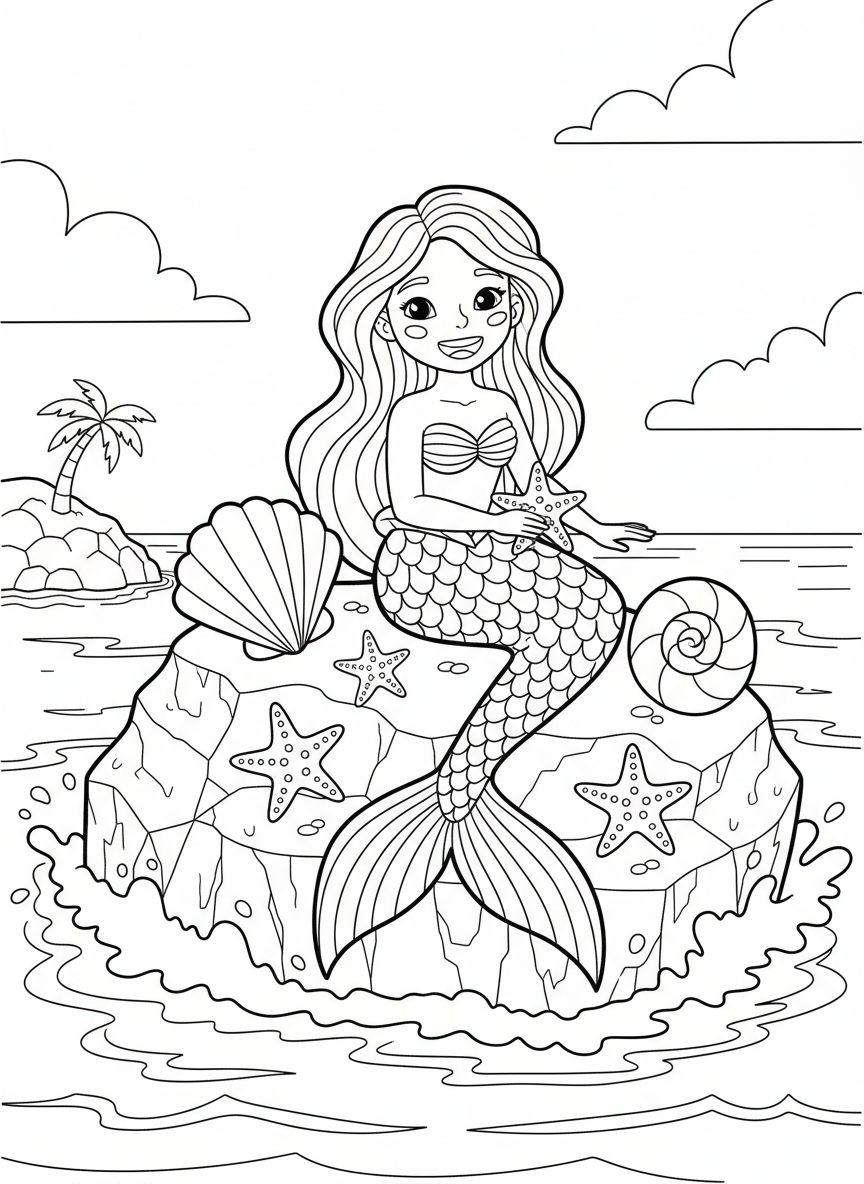A mermaid princess sitting on a rock by the ocean with seashells and starfish, kid-friendly coloring page