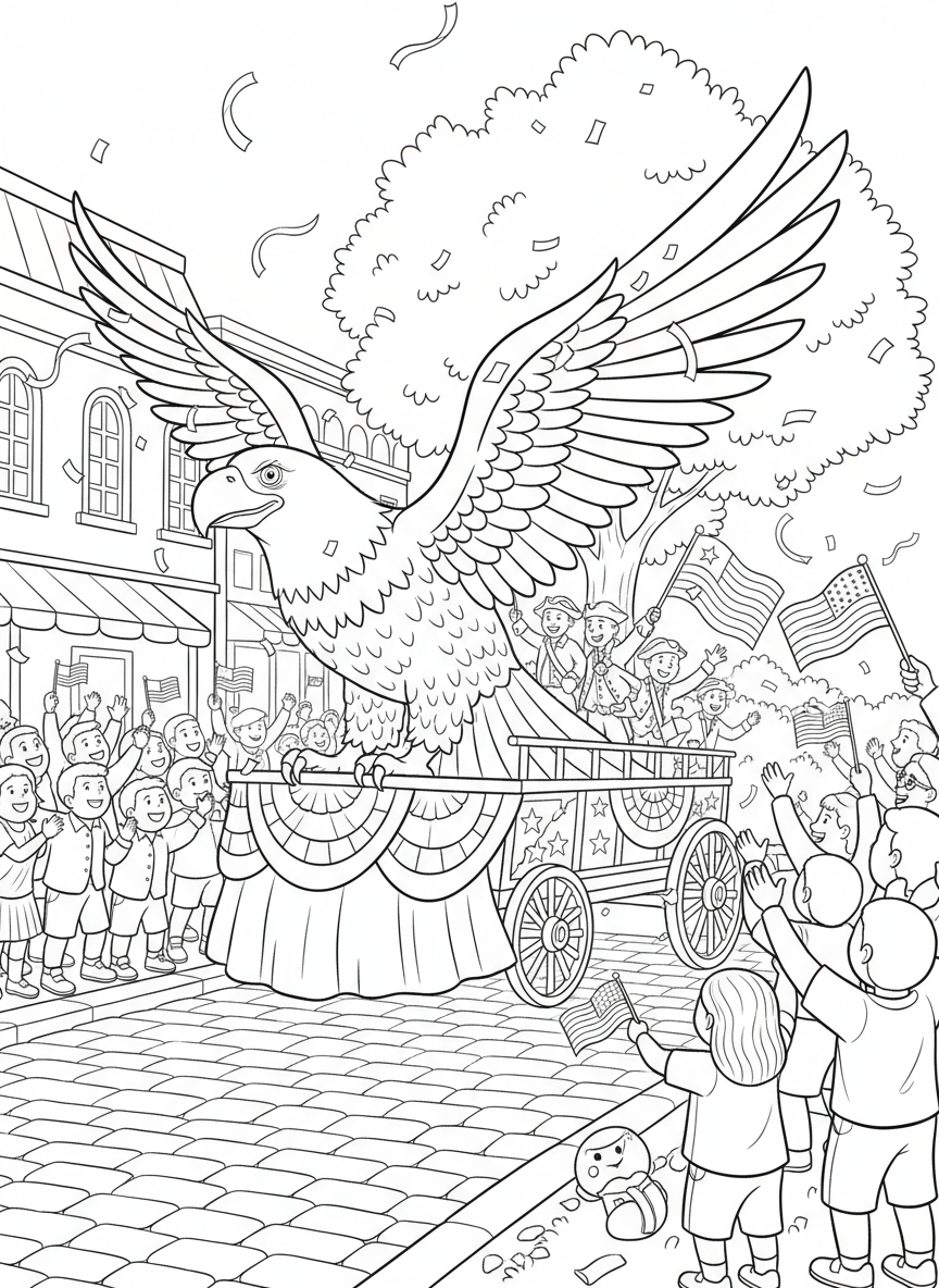 Independence Day Parade coloring page prompts capturing patriotic parades, music, and festive community pride.	The final float passing as applause continues down the street.