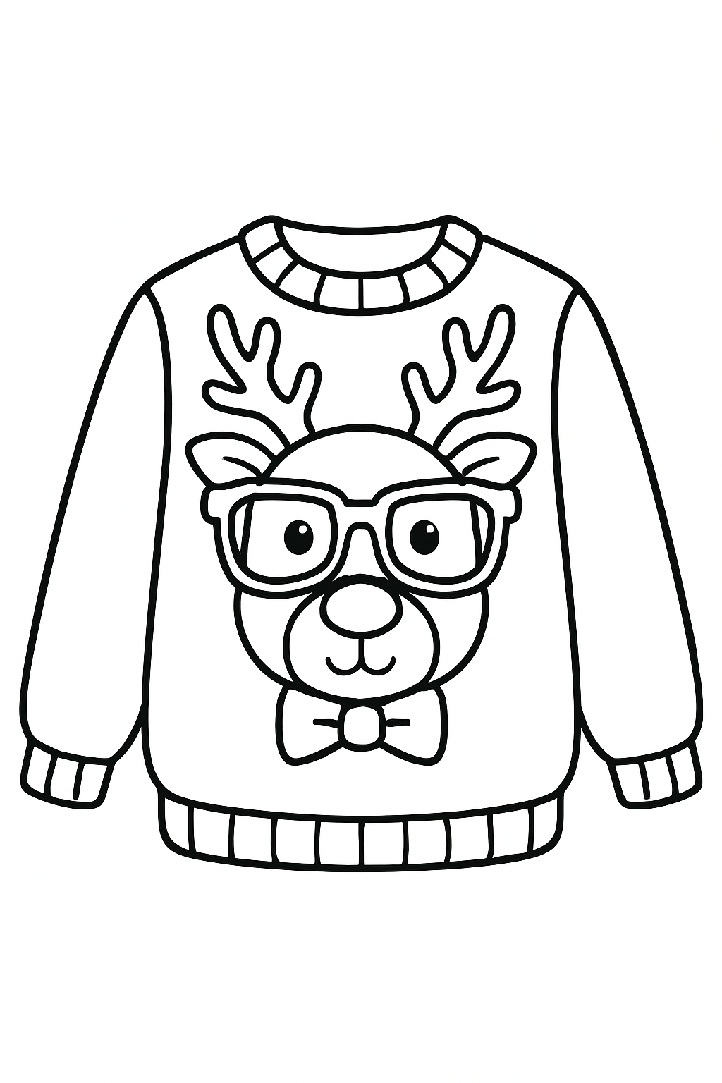 ugly sweaters: Reindeer Glasses: A sweater with a large reindeer face wearing big, thick-rimmed nerd glasses and a bow tie.