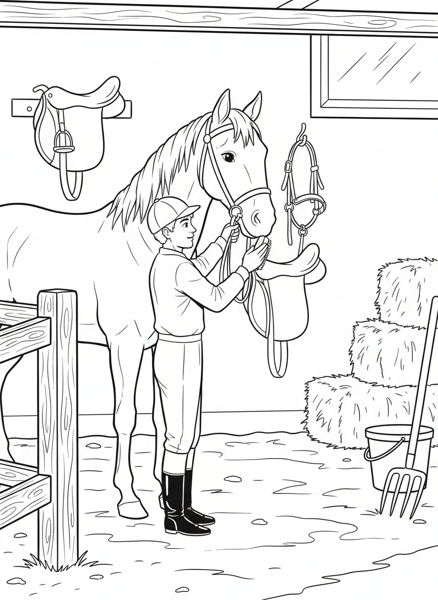 A young jockey grooming and petting a friendly horse in the stable, with saddles and equipment hanging on the wall.
