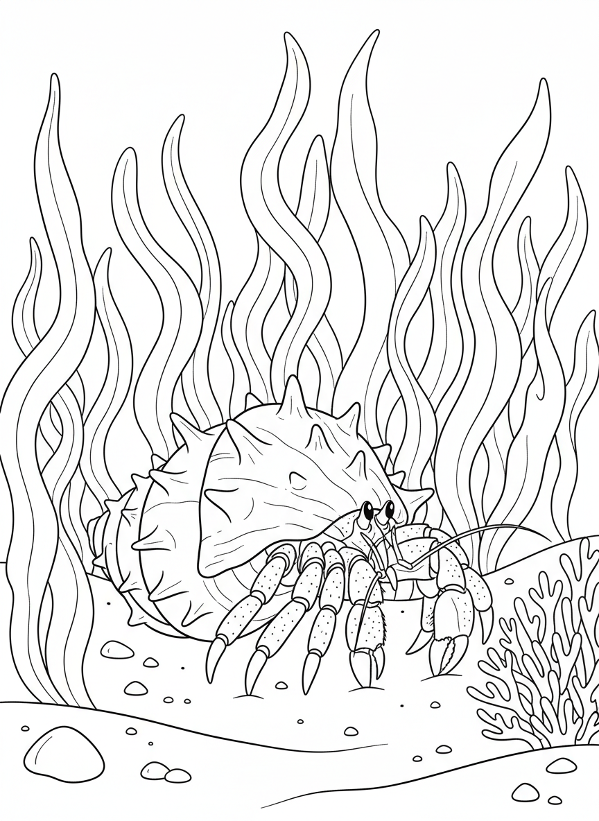 Hermit crab with a spiky shell home navigating through a forest of tall seaweed and kelp.