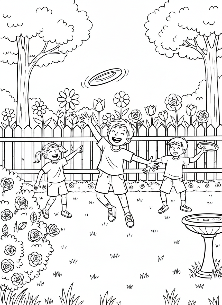 Children playing frisbee in an open backyard with a white fence and flower garden visible.