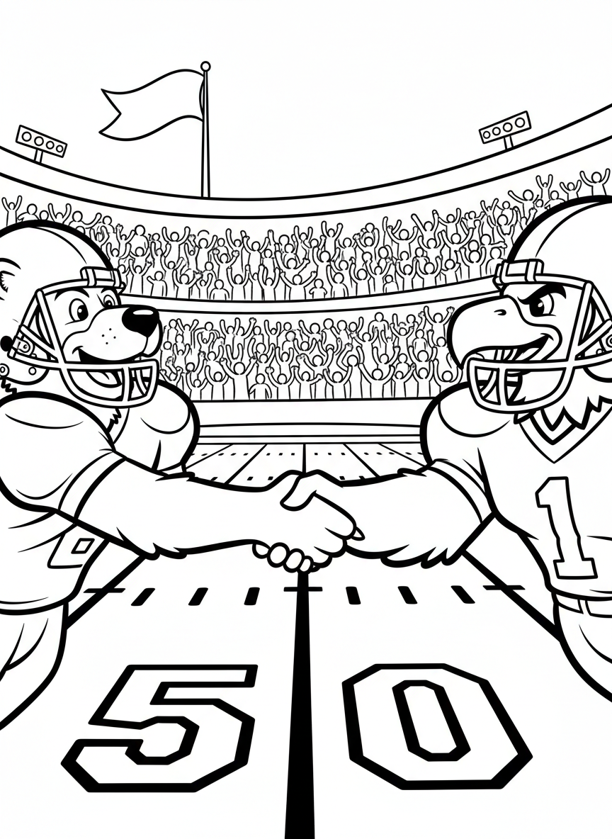 Two team mascots shaking hands at midfield before the big game, friendly sportsmanship scene with stadium bleachers behind them.