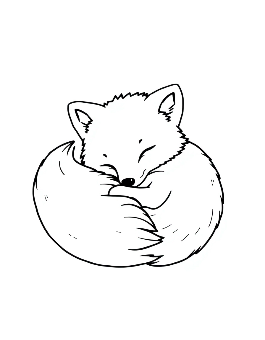 Arctic Fox: A cute arctic fox curled up in a ball with its big bushy tail wrapped around its nose.