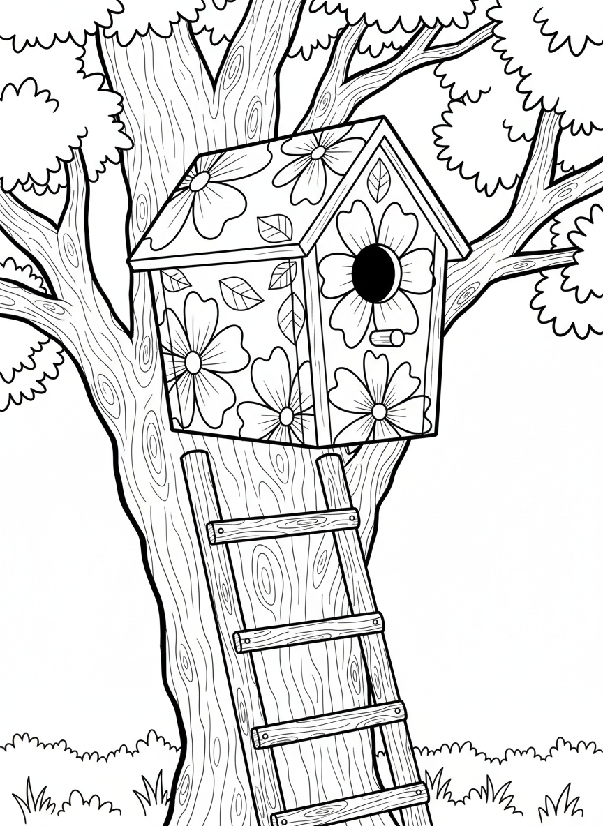 A close-up of a decorated mailbox shaped like a birdhouse mounted on a treehouse ladder, with colorful flowers painted on it and a letter slot.